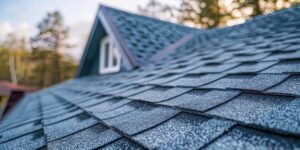 Roofing worker lays a protective underlayment sheet across a residential roof deck.